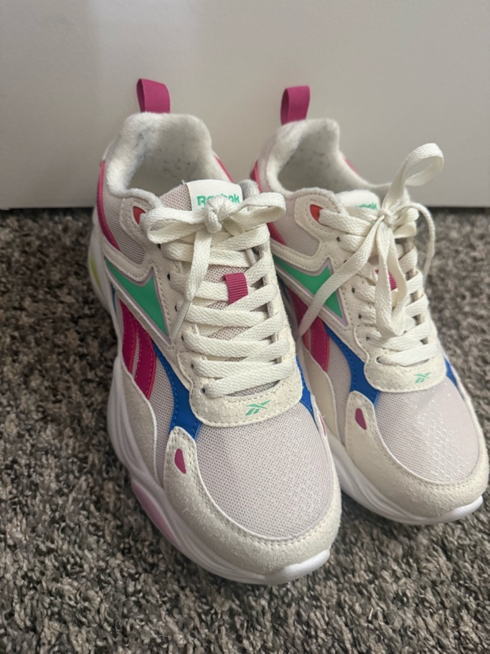 Reebok White Sneakers with Pink, Aqua & Blue Accents